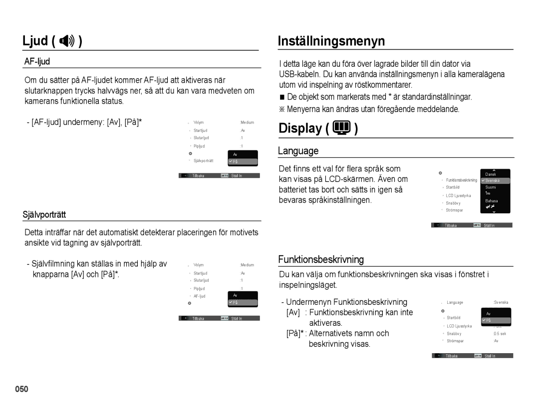 Samsung EC-PL51ZZBPAE2, EC-PL51ZZBPBE2, EC-PL51ZZBPNE2 manual Inställningsmenyn, Display, Language, Funktionsbeskrivning 