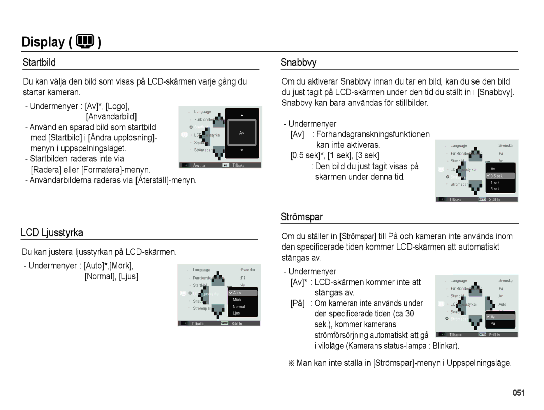 Samsung EC-PL51ZZBPBE2, EC-PL51ZZBPNE2, EC-PL51ZZBPRE2, EC-PL51ZZBPAE2 manual Startbild, Snabbvy, Strömspar, LCD Ljusstyrka 