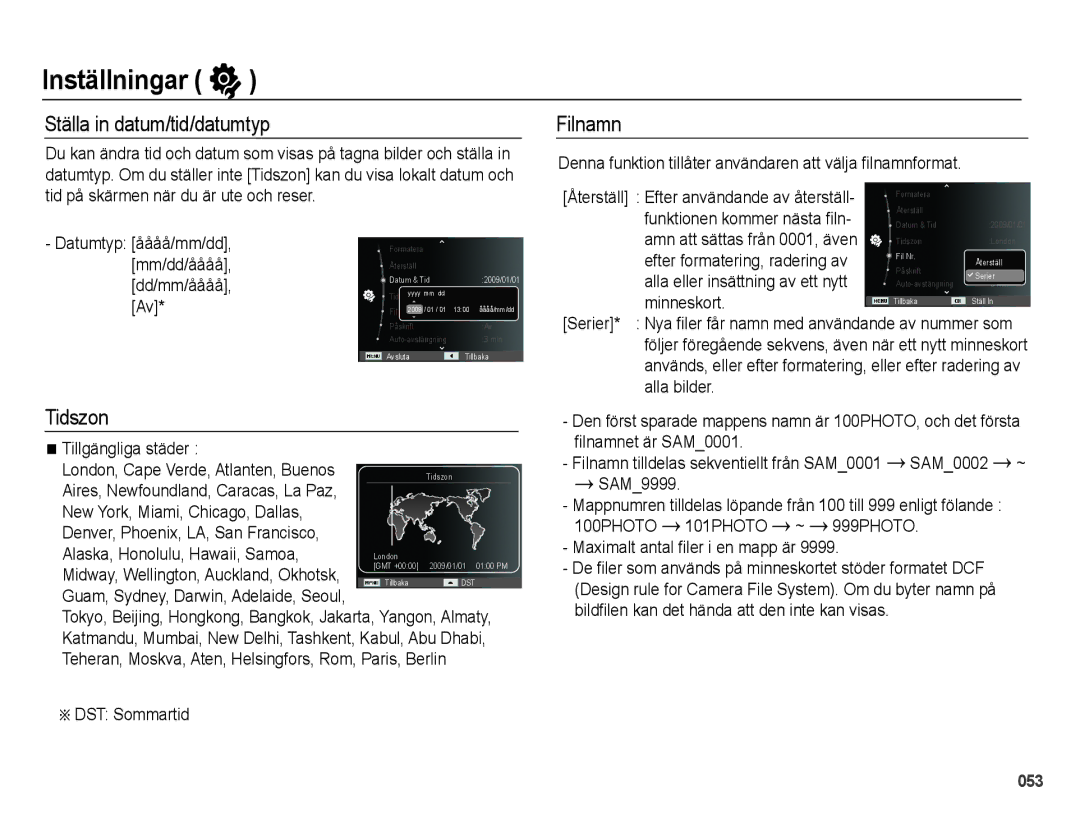 Samsung EC-PL51ZZBPRE2, EC-PL51ZZBPBE2, EC-PL51ZZBPNE2, EC-PL51ZZBPAE2 manual Ställa in datum/tid/datumtyp, Tidszon, Filnamn 