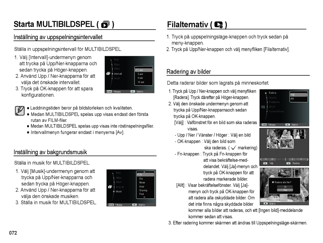 Samsung EC-PL51ZZBPNE2, EC-PL51ZZBPBE2 manual Filalternativ, Inställning av uppspelningsintervallet, Radering av bilder 