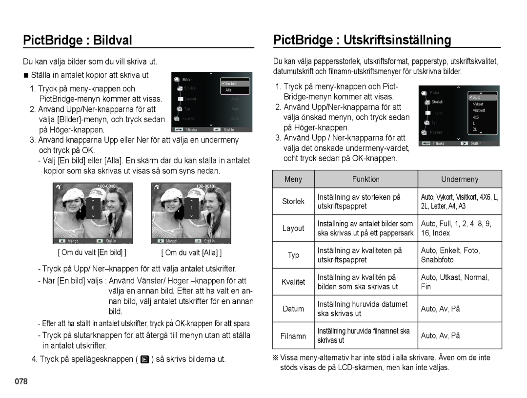 Samsung EC-PL51ZZBPAE2, EC-PL51ZZBPBE2, EC-PL51ZZBPNE2, EC-PL51ZZBPRE2 PictBridge Bildval, PictBridge Utskriftsinställning 