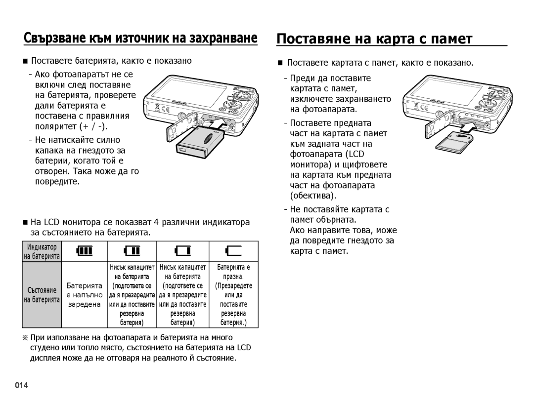 Samsung EC-PL51ZZBPAE3, EC-PL51ZZBPNE3 manual Поставете батерията, както е показано, Не поставяйте картата с памет обърната 