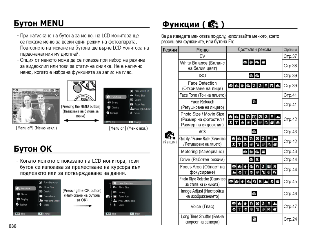 Samsung EC-PL51ZZBPBE3, EC-PL51ZZBPNE3, EC-PL51ZZBPRE3 manual Бутон Menu Функции, Бутон OK, Първоначалния му дисплей 