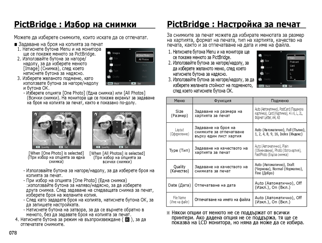 Samsung EC-PL51ZZBPAE3 PictBridge Избор на снимки, PictBridge Настройка за печат, Натиснете бутона Menu и на монитора ще 