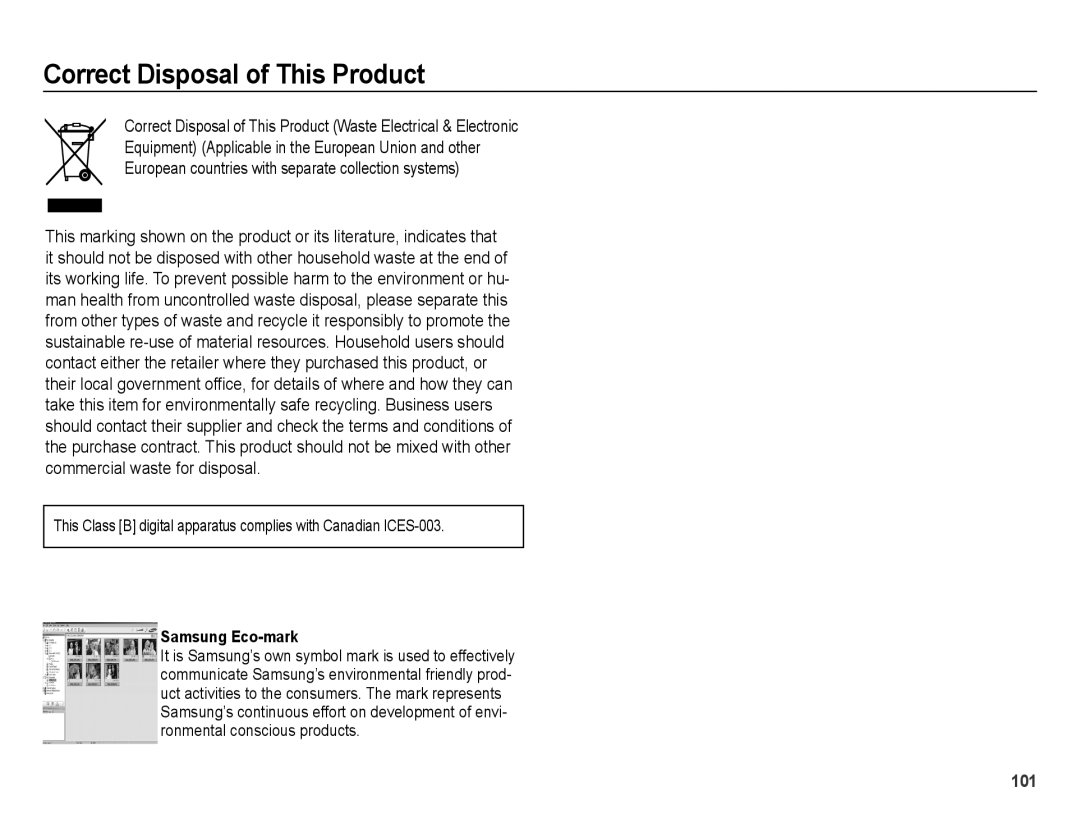 Samsung EC-PL51ZZBPNIT, EC-PL51ZZBPRE1, EC-PL51ZZBPAE1, EC-PL51ZZBPNE1 Correct Disposal of This Product, Samsung Eco-mark 