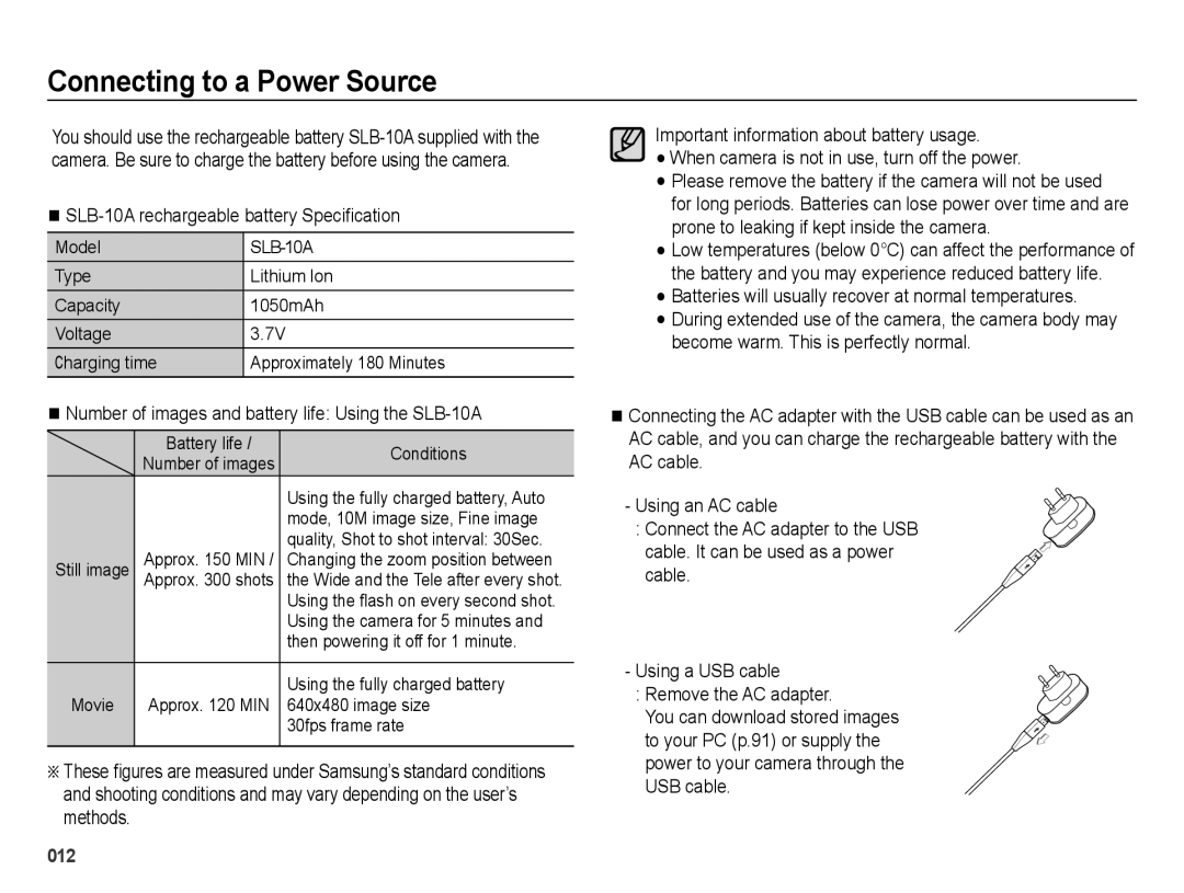 Samsung EC-PL51ZZDPNME, EC-PL51ZZBPRE1 manual Connecting to a Power Source, SLB-10A rechargeable battery Speciﬁcation 