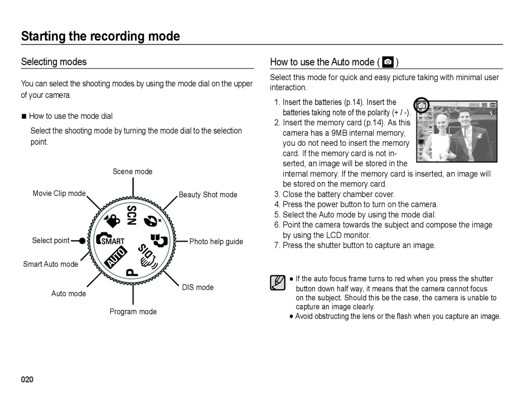 Samsung EC-PL51ZZBPBE3, EC-PL51ZZBPRE1 manual Starting the recording mode, Selecting modes, How to use the Auto mode 