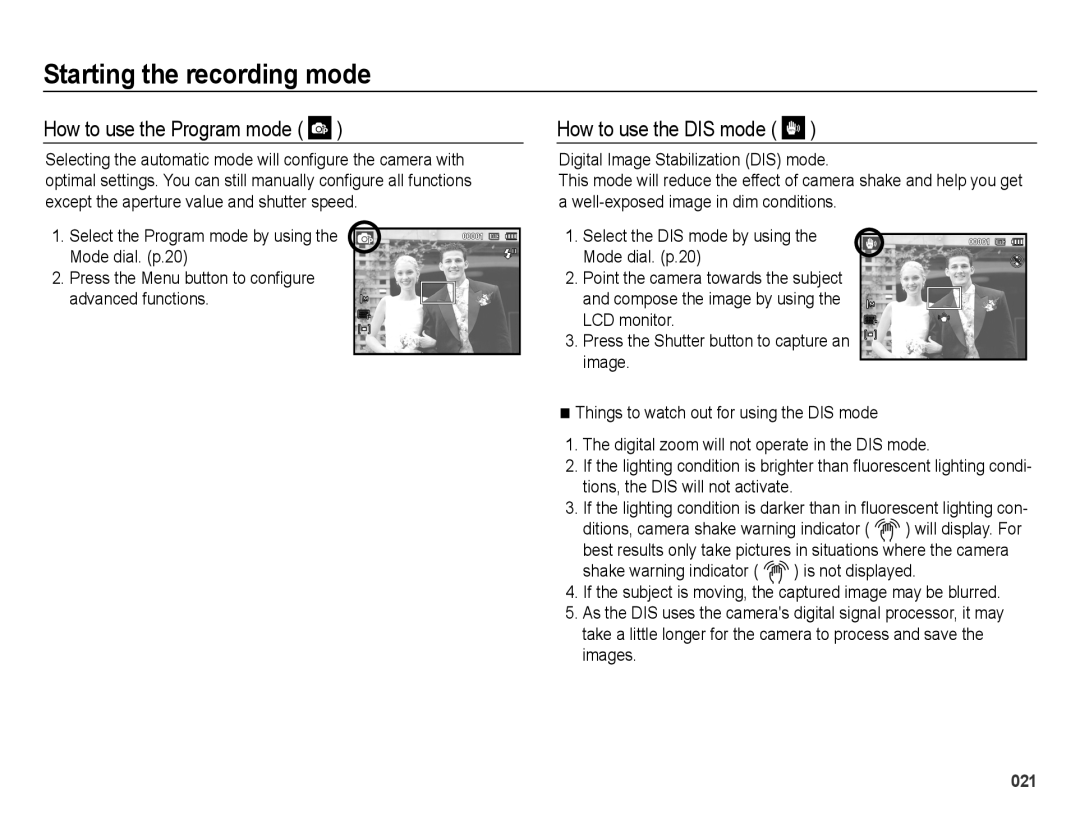 Samsung EC-PL51ZZBPRE3, EC-PL51ZZBPRE1, EC-PL51ZZBPAE1, EC-PL51ZZBPNE1 How to use the Program mode, How to use the DIS mode 