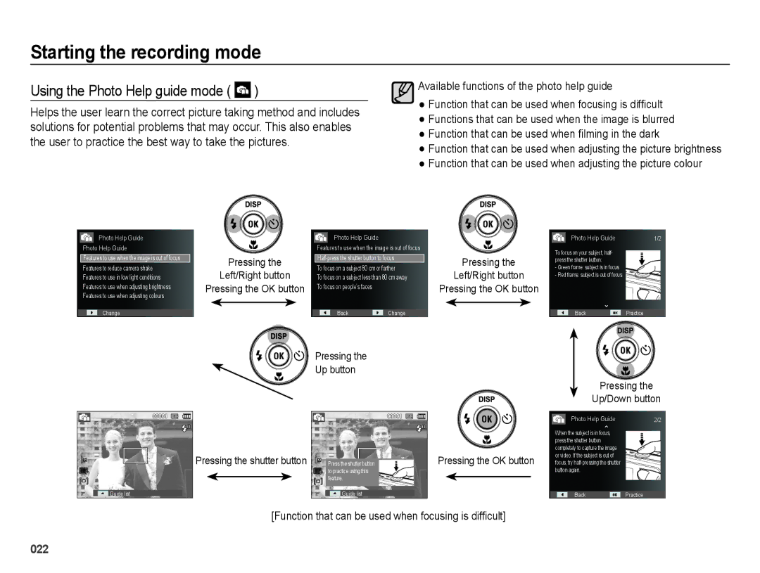 Samsung EC-PL51ZZBPAE3, EC-PL51ZZBPRE1, EC-PL51ZZBPAE1, EC-PL51ZZBPNE1, EC-PL51ZZBPAIT manual Using the Photo Help guide mode 