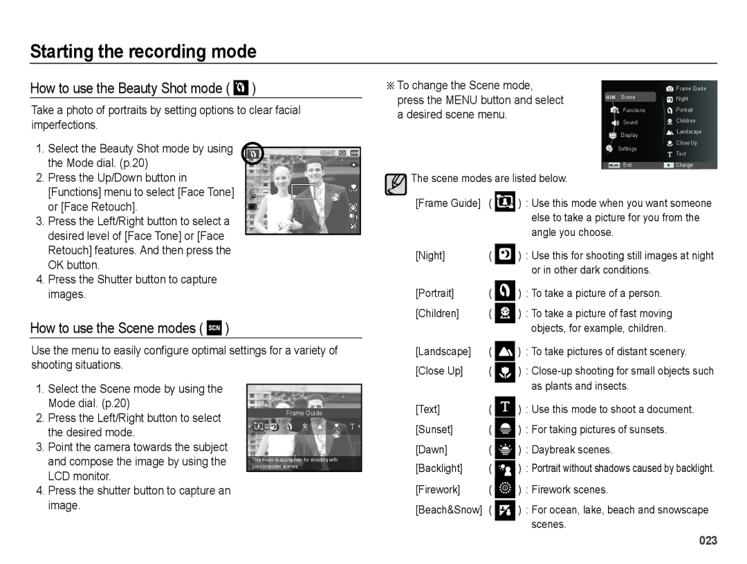 Samsung EC-PL51ZZBPBE2 manual How to use the Beauty Shot mode, How to use the Scene modes, Mode dial. p.20, Desired mode 