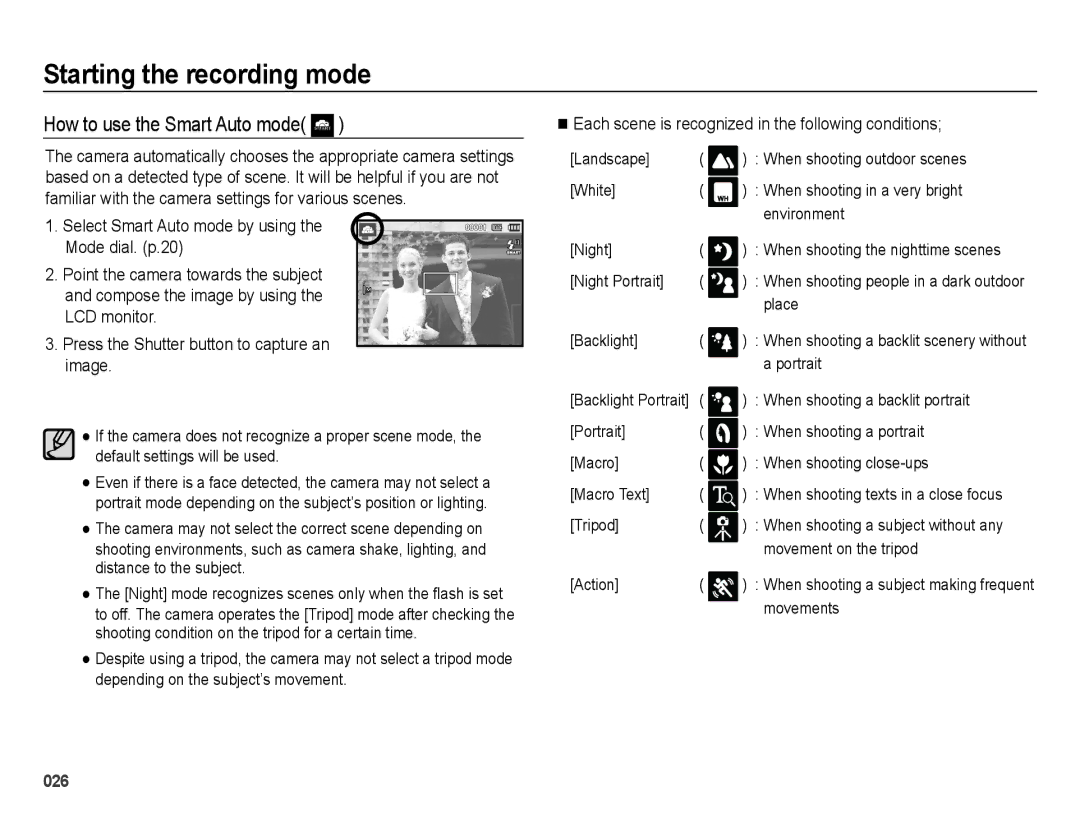 Samsung EC-PL51ZZBPAE2 manual How to use the Smart Auto mode, Each scene is recognized in the following conditions 