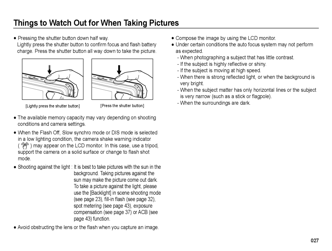 Samsung EC-PL51ZZBPARU manual Things to Watch Out for When Taking Pictures, Pressing the shutter button down half way 