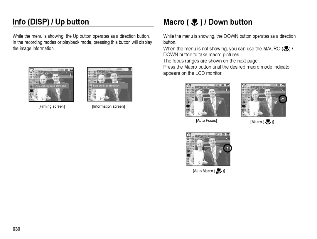 Samsung EC-PL51ZZBPRRU, EC-PL51ZZBPRE1, EC-PL51ZZBPAE1, EC-PL51ZZBPNE1 manual Info Disp / Up button, Macro / Down button 