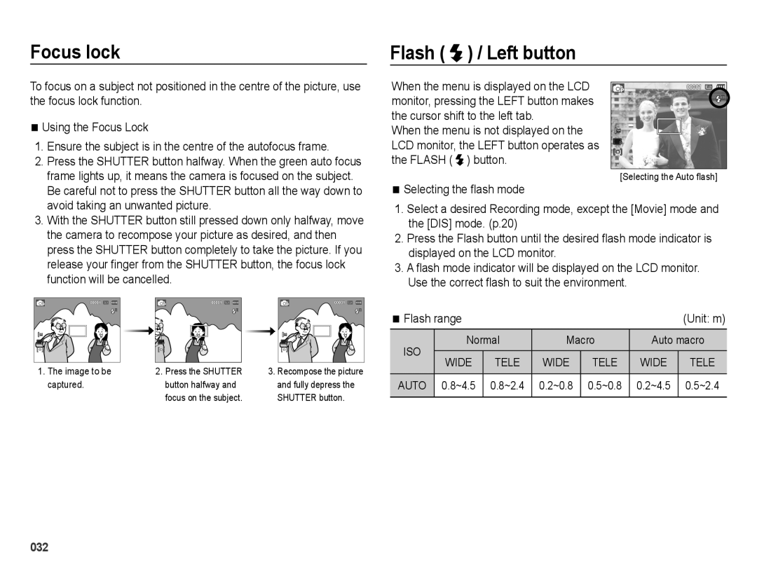 Samsung EC-PL51ZZBPAE1 manual Focus lock, Flash / Left button, Flash range, Normal Macro Auto macro, ~4.5 ~2.4 ~0.8 