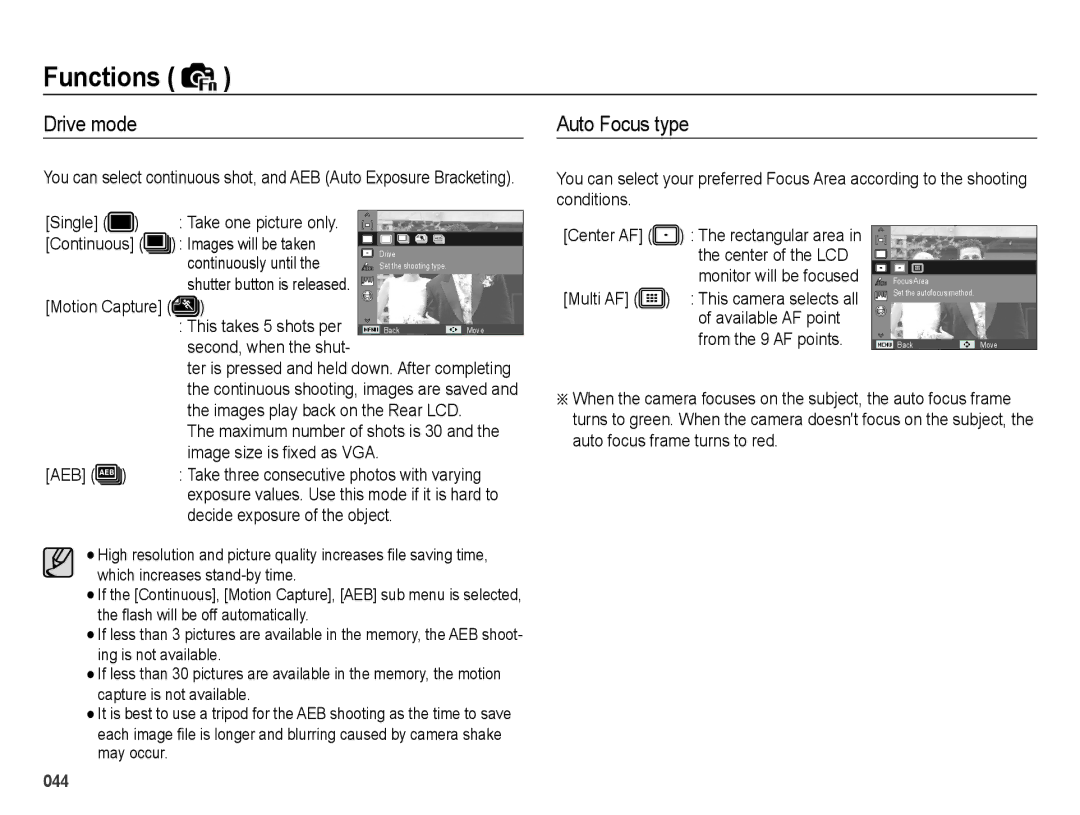 Samsung EC-PL51ZZDPNME, EC-PL51ZZBPRE1, EC-PL51ZZBPAE1, EC-PL51ZZBPNE1, EC-PL51ZZBPAIT manual Drive mode Auto Focus type 