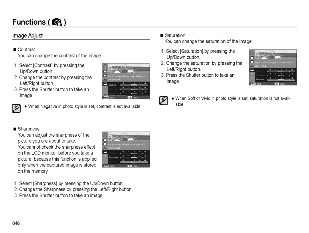 Samsung EC-PL51ZZBPBSA, EC-PL51ZZBPRE1 manual Image Adjust, Change the contrast by pressing the Left/Right button, Sharpness 