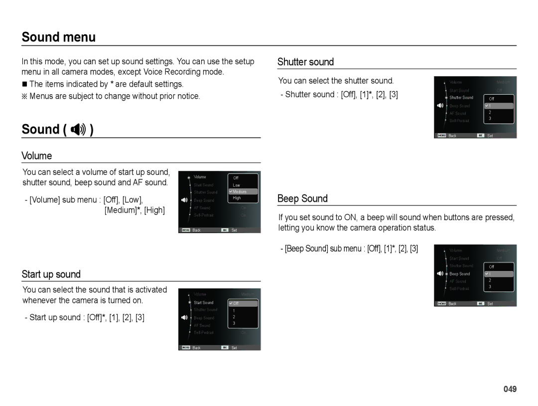 Samsung EC-PL51ZZBPBVN, EC-PL51ZZBPRE1 manual Sound menu, Sound , Volume Shutter sound, Start up sound, Beep Sound 