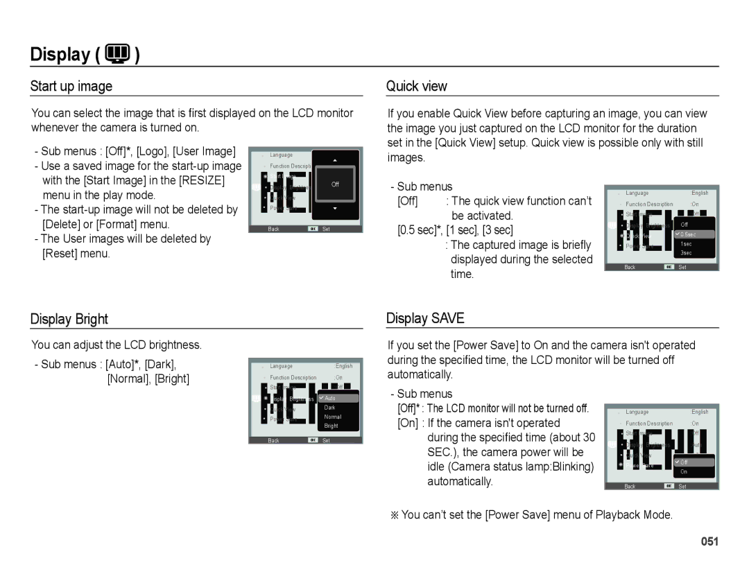 Samsung EC-PL51ZZBPNE3, EC-PL51ZZBPRE1, EC-PL51ZZBPAE1 manual Start up image, Quick view, Display Bright Display Save 