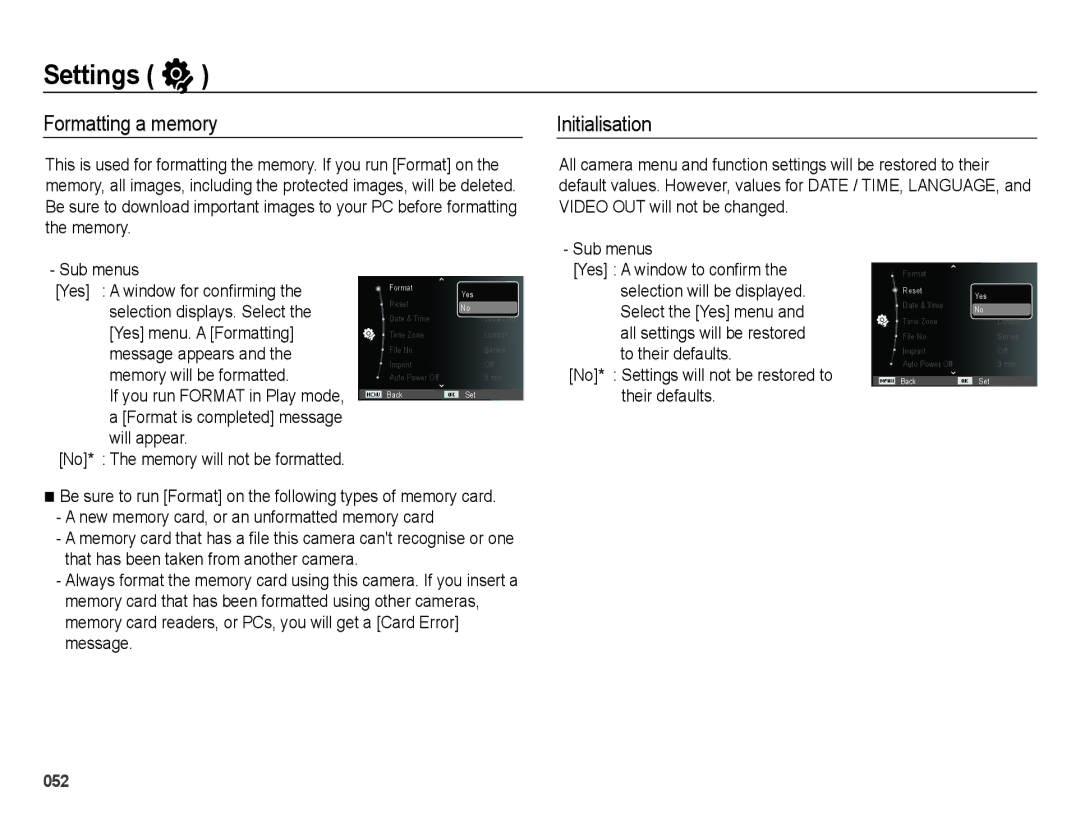 Samsung EC-PL51ZZBPBE3 manual Formatting a memory, Initialisation, No* Settings will not be restored to their defaults 