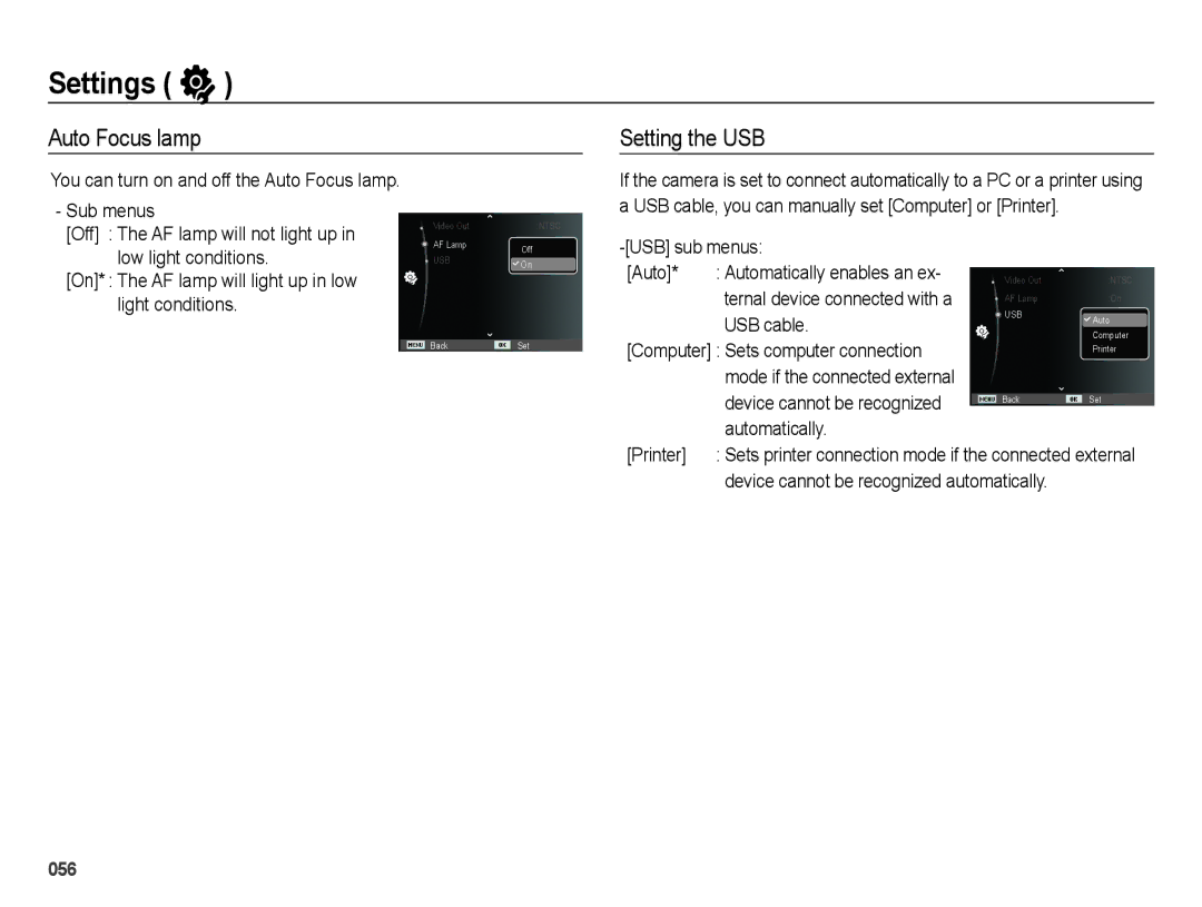 Samsung EC-PL51ZZBPNE2 manual Auto Focus lamp Setting the USB, USB sub menus Auto Automatically enables an ex, USB cable 