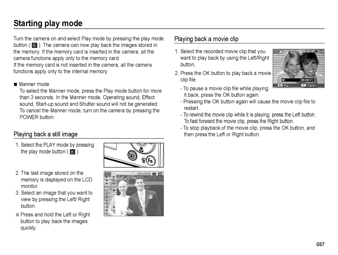 Samsung EC-PL51ZZBPRE2 manual Starting play mode, Playing back a still image, Playing back a movie clip, Manner mode 