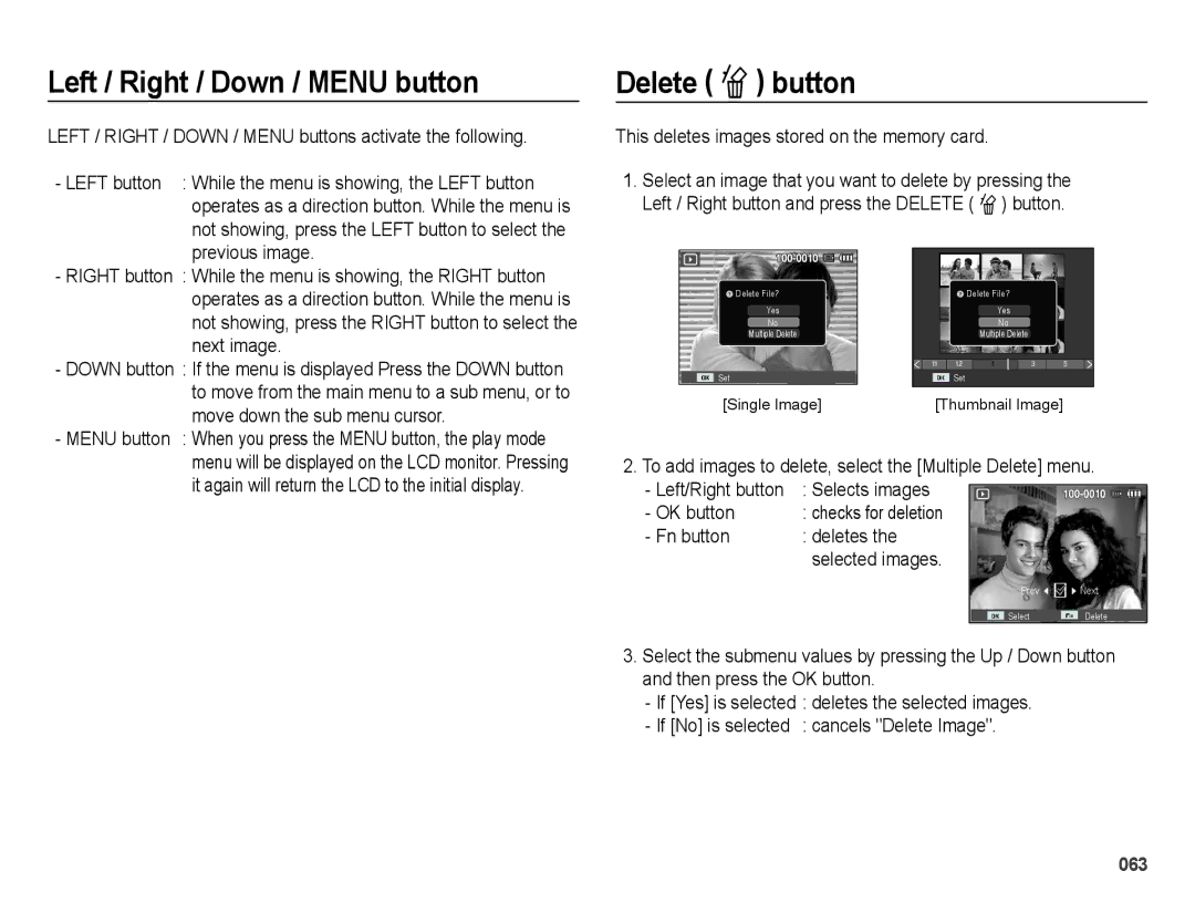 Samsung EC-PL51ZZBPRE1, EC-PL51ZZBPAE1, EC-PL51ZZBPNE1, EC-PL51ZZBPAIT Left / Right / Down / Menu button, Delete Õ button 