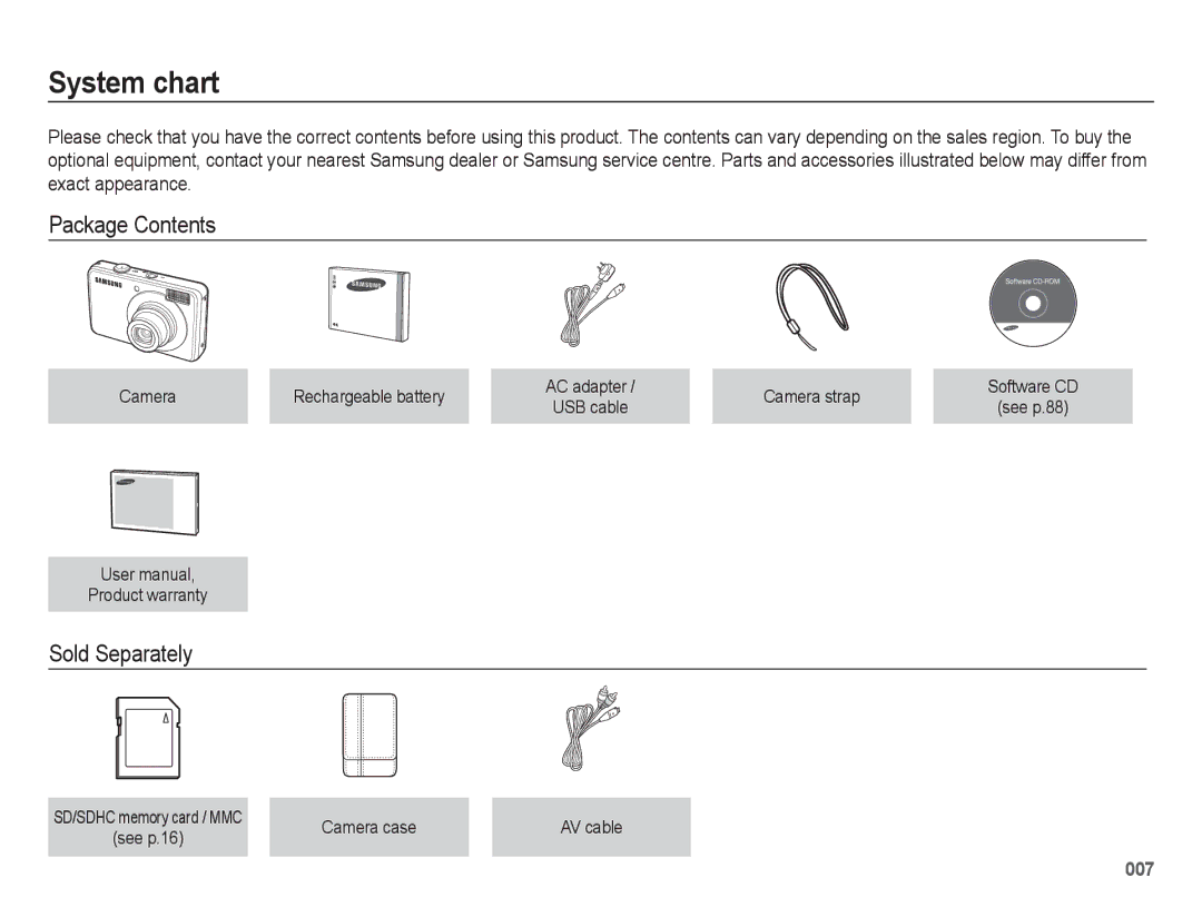 Samsung EC-PL51ZZBABE1, EC-PL51ZZBPRE1, EC-PL51ZZBPAE1, EC-PL51ZZBPNE1 manual System chart, Package Contents, Sold Separately 