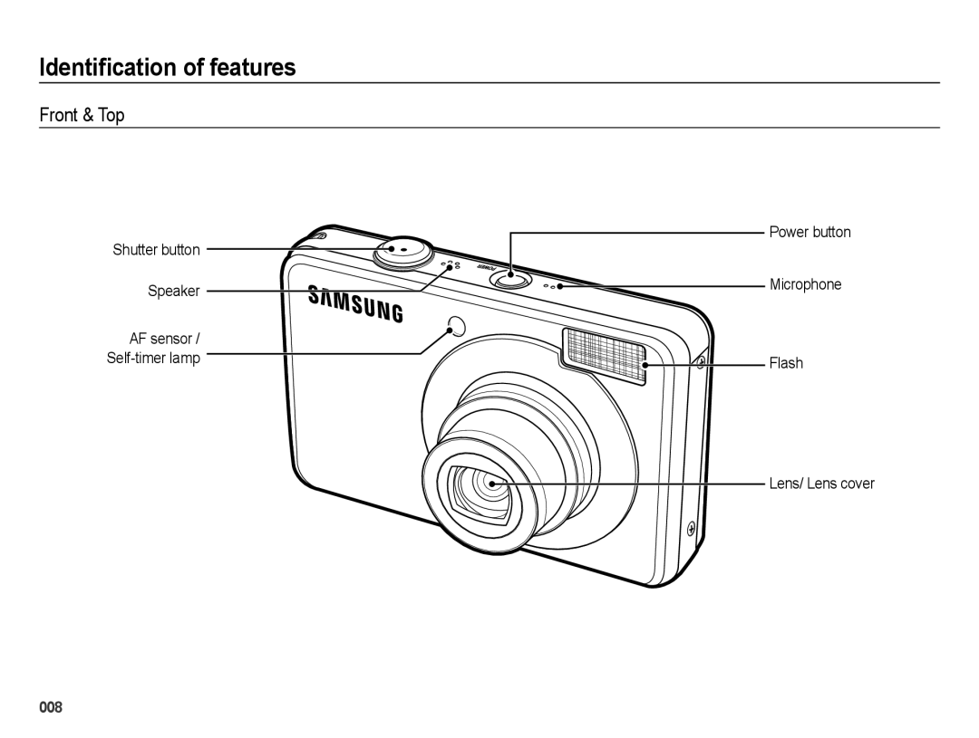 Samsung EC-PL51ZZBPRSA, EC-PL51ZZBPRE1, EC-PL51ZZBPAE1 manual Identiﬁcation of features, Front & Top, Shutter button Speaker 