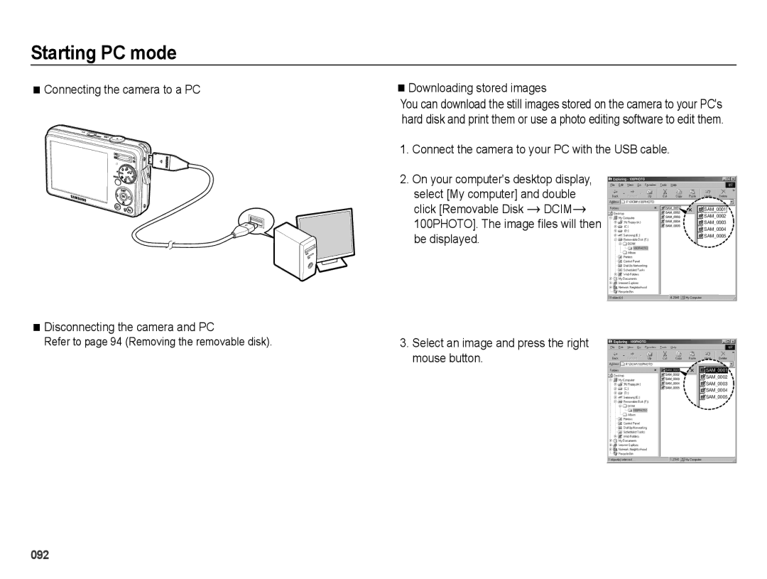 Samsung EC-PL51ZZBPBRU manual Downloading stored images, Connect the camera to your PC with the USB cable, Be displayed 