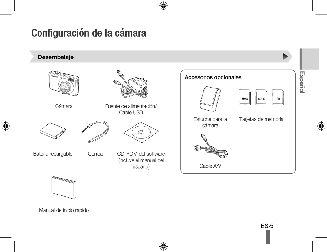 Samsung EC-PL51ZZBPRE3, EC-PL51ZZBPRE1, EC-PL51ZZBPAE1 manual Configuración de la cámara, Desembalaje, Accesorios opcionales 