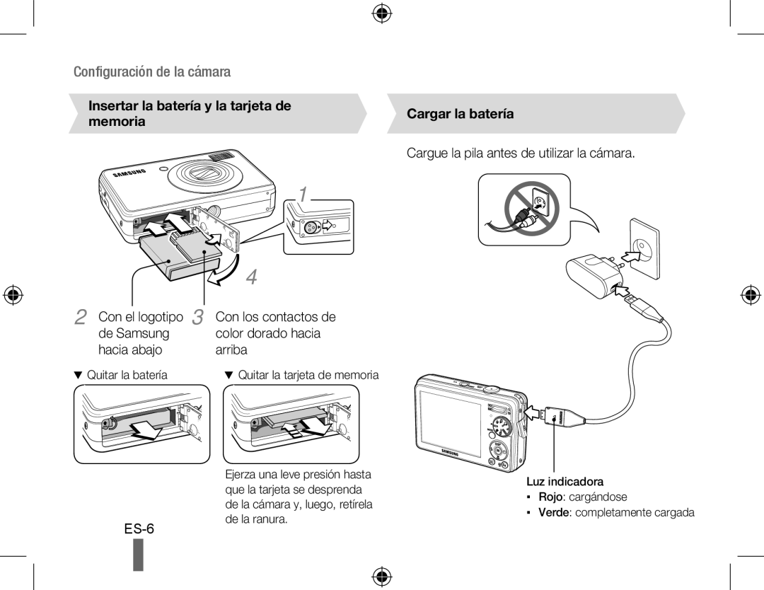 Samsung EC-PL51ZZBPAE3 manual Cargue la pila antes de utilizar la cámara, Con los contactos de color dorado hacia arriba 