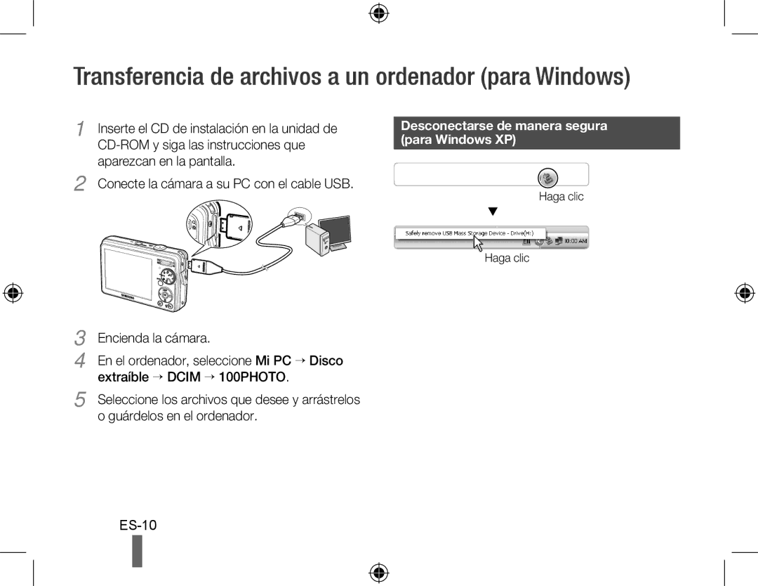 Samsung EC-PL51ZZBPAE2 Transferencia de archivos a un ordenador para Windows, Conecte la cámara a su PC con el cable USB 