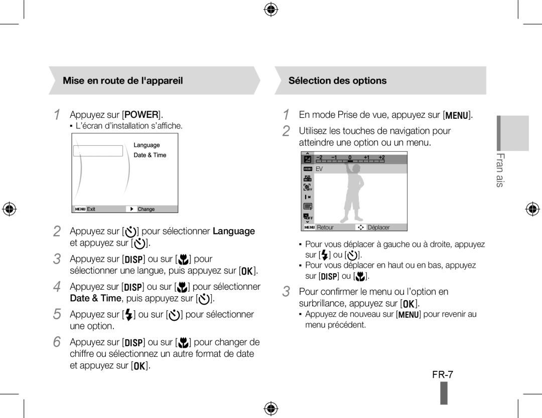 Samsung EC-PL51ZZBPNE1, EC-PL51ZZBPRE1, EC-PL51ZZBPAE1, EC-PL51ZZBPAIT Mise en route de lappareil, Sélection des options 