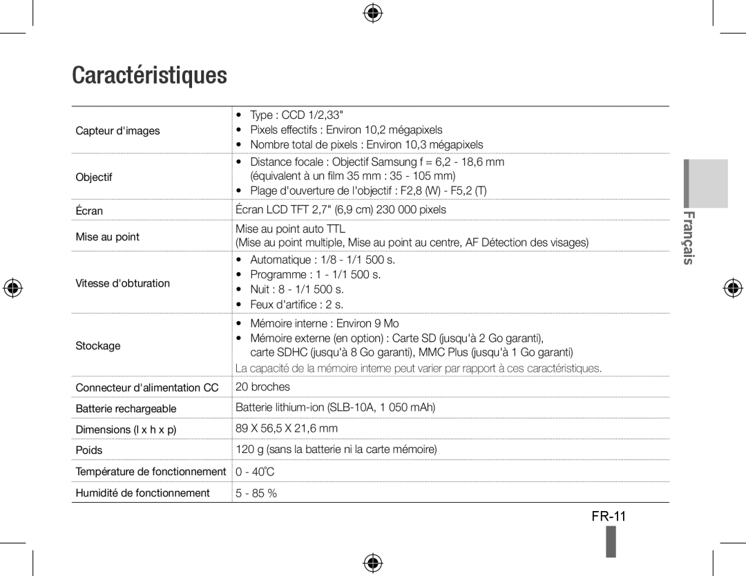 Samsung EC-PL51ZZBPNIT, EC-PL51ZZBPRE1, EC-PL51ZZBPAE1, EC-PL51ZZBPNE1, EC-PL51ZZBPAIT, EC-PL51ZZBPBE1 Caractéristiques, FR-11 