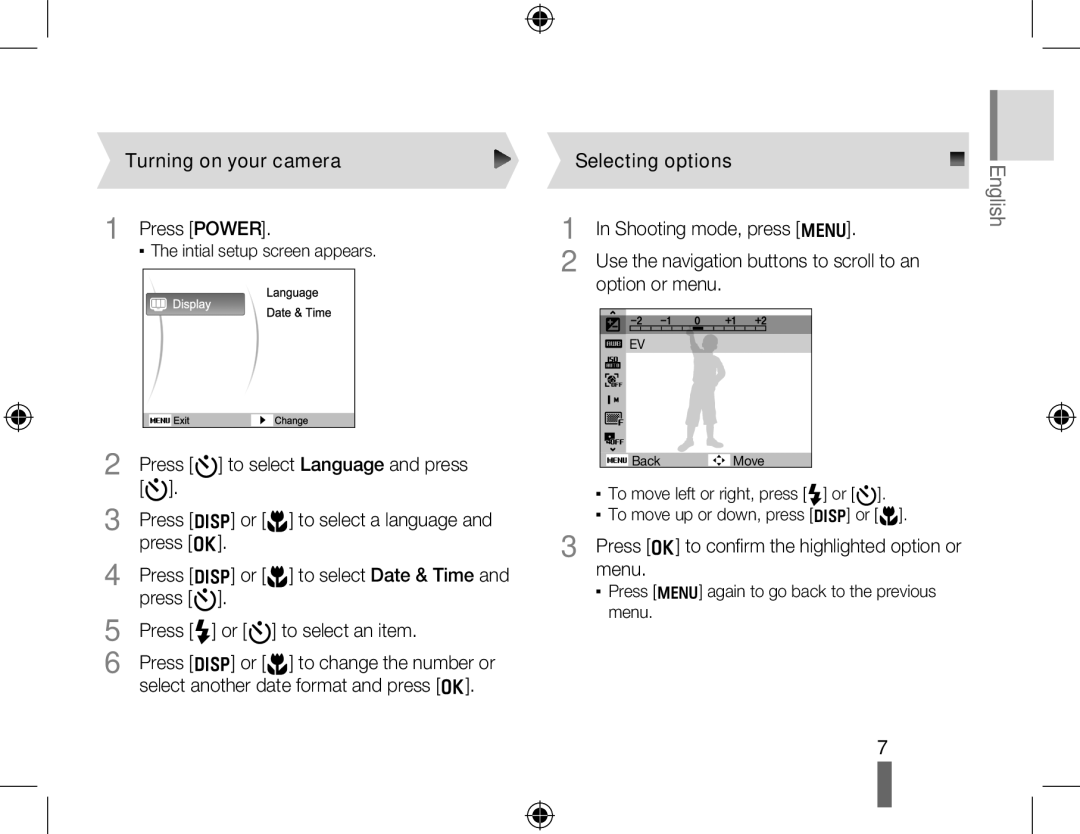 Samsung EC-PL51ZZBPBIT, EC-PL51ZZBPRE1, EC-PL51ZZBPAE1, EC-PL51ZZBPNE1 manual Turning on your camera, Selecting options 