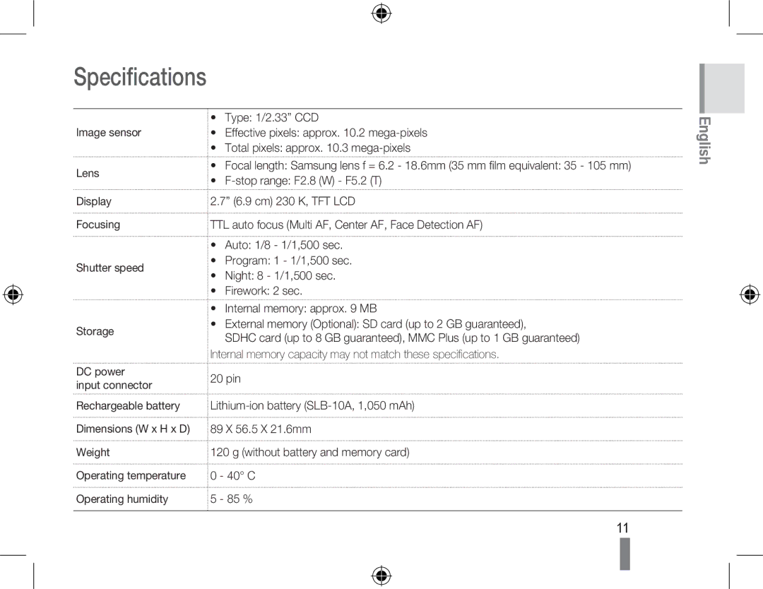 Samsung EC-PL51ZZBPBVN, EC-PL51ZZBPRE1, EC-PL51ZZBPAE1, EC-PL51ZZBPNE1, EC-PL51ZZBPAIT, EC-PL51ZZBPBE1 manual Specifications 