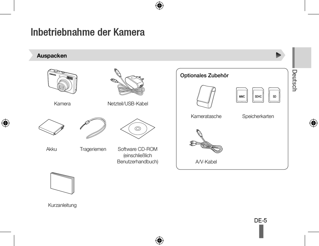 Samsung EC-PL51ZZBPRE3, EC-PL51ZZBPRE1, EC-PL51ZZBPAE1 manual Inbetriebnahme der Kamera, Auspacken, Optionales Zubehör 