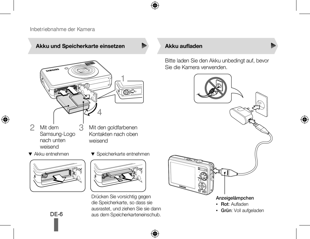 Samsung EC-PL51ZZBPAE3, EC-PL51ZZBPRE1 manual Inbetriebnahme der Kamera, Akku und Speicherkarte einsetzen Akku aufladen 