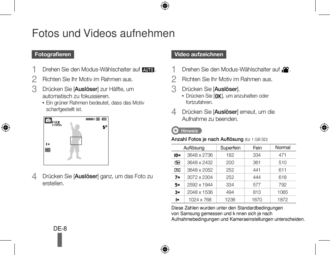 Samsung EC-PL51ZZBPNE2, EC-PL51ZZBPRE1, EC-PL51ZZBPAE1, EC-PL51ZZBPNE1, EC-PL51ZZBPAIT manual Fotografieren, Video aufzeichnen 