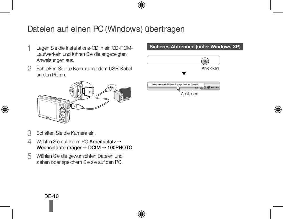 Samsung EC-PL51ZZBPAE2, EC-PL51ZZBPRE1 manual Dateien auf einen PC Windows übertragen, Sicheres Abtrennen unter Windows XP 