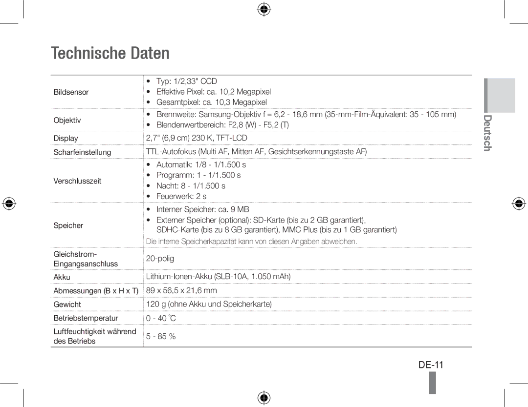 Samsung EC-PL51ZZBPARU, EC-PL51ZZBPRE1, EC-PL51ZZBPAE1, EC-PL51ZZBPNE1, EC-PL51ZZBPAIT, EC-PL51ZZBPBE1 manual Technische Daten 