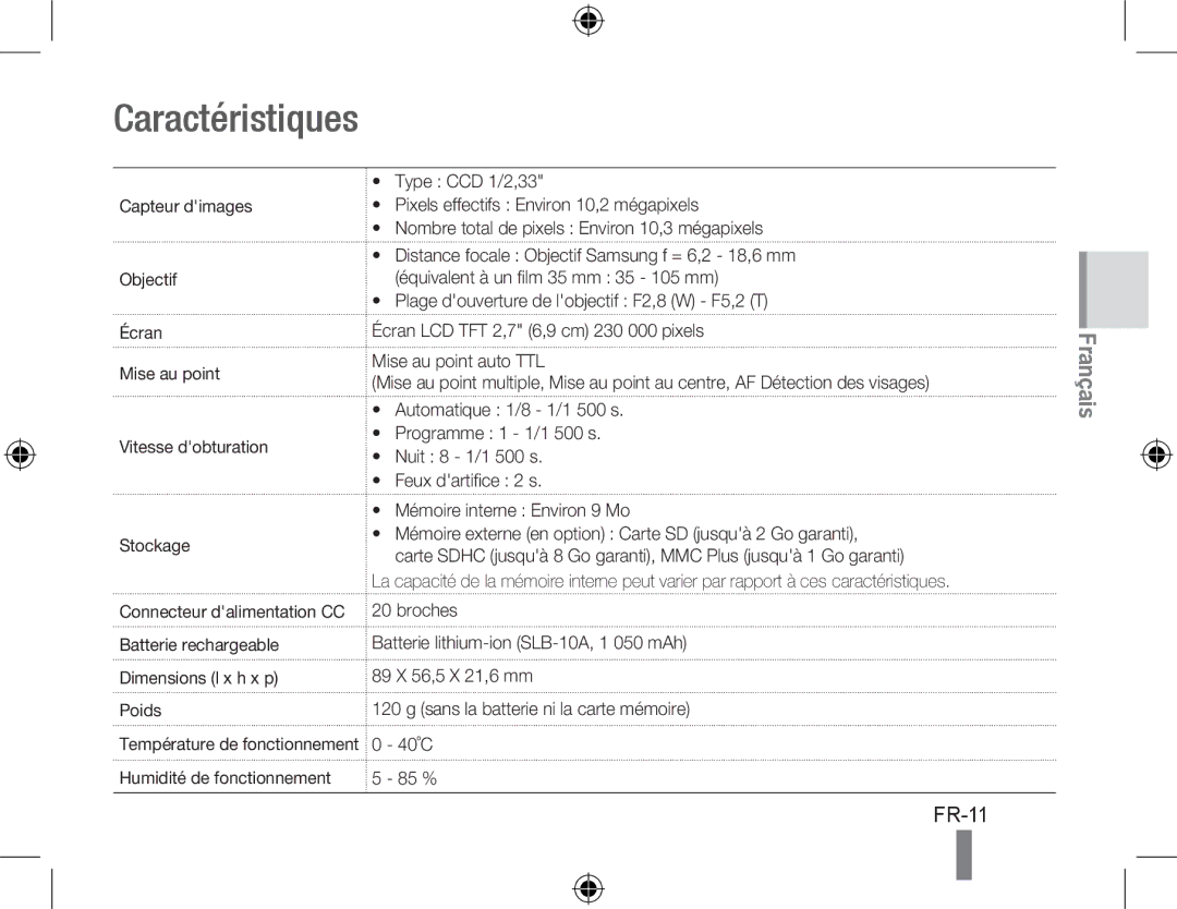 Samsung EC-PL51ZZBPNIT, EC-PL51ZZBPRE1, EC-PL51ZZBPAE1, EC-PL51ZZBPNE1, EC-PL51ZZBPAIT, EC-PL51ZZBPBE1 manual Caractéristiques 