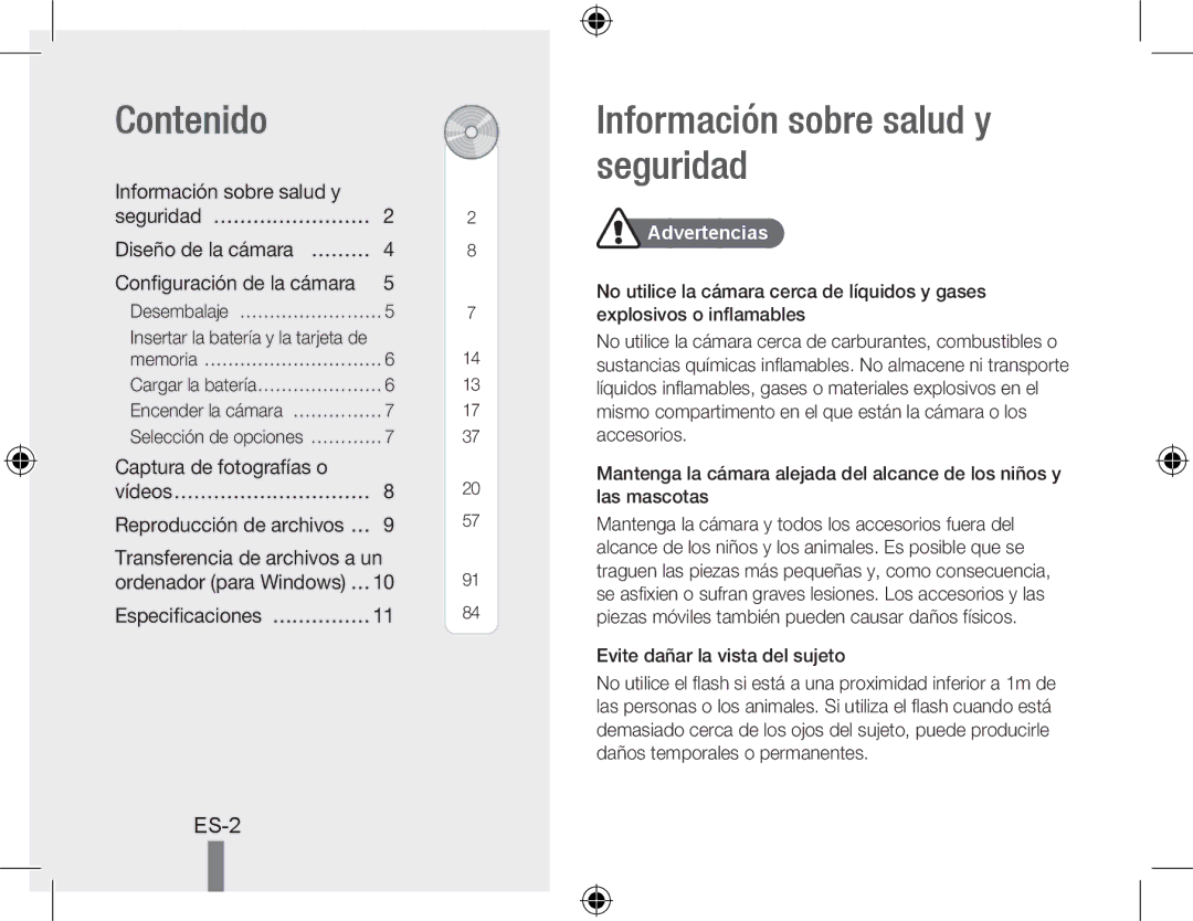 Samsung EC-PL51ZZBPBIT manual Contenido, Información sobre salud y seguridad, Especificaciones… ……………, Advertencias 