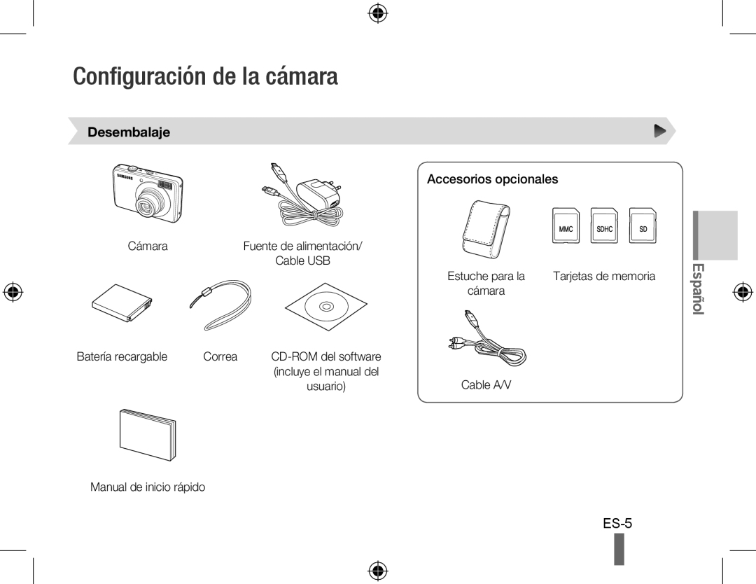 Samsung EC-PL51ZZBPAVN, EC-PL51ZZBPRE1, EC-PL51ZZBPAE1 manual Configuración de la cámara, Desembalaje, Accesorios opcionales 