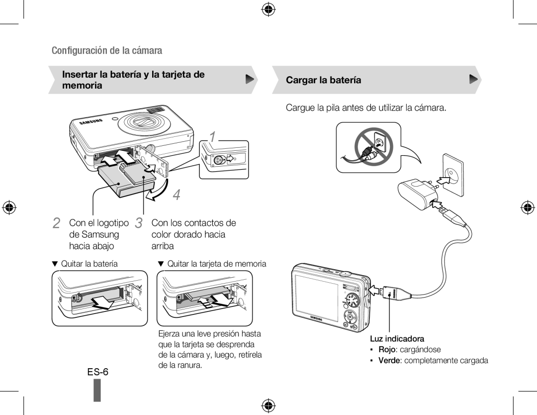 Samsung EC-PL51ZZBPBVN manual Cargue la pila antes de utilizar la cámara, Con los contactos de color dorado hacia arriba 