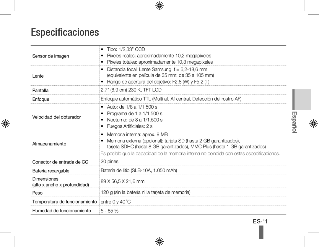 Samsung EC-PL51ZZBPAE3, EC-PL51ZZBPRE1, EC-PL51ZZBPAE1, EC-PL51ZZBPNE1, EC-PL51ZZBPAIT, EC-PL51ZZBPBE1 manual Especificaciones 