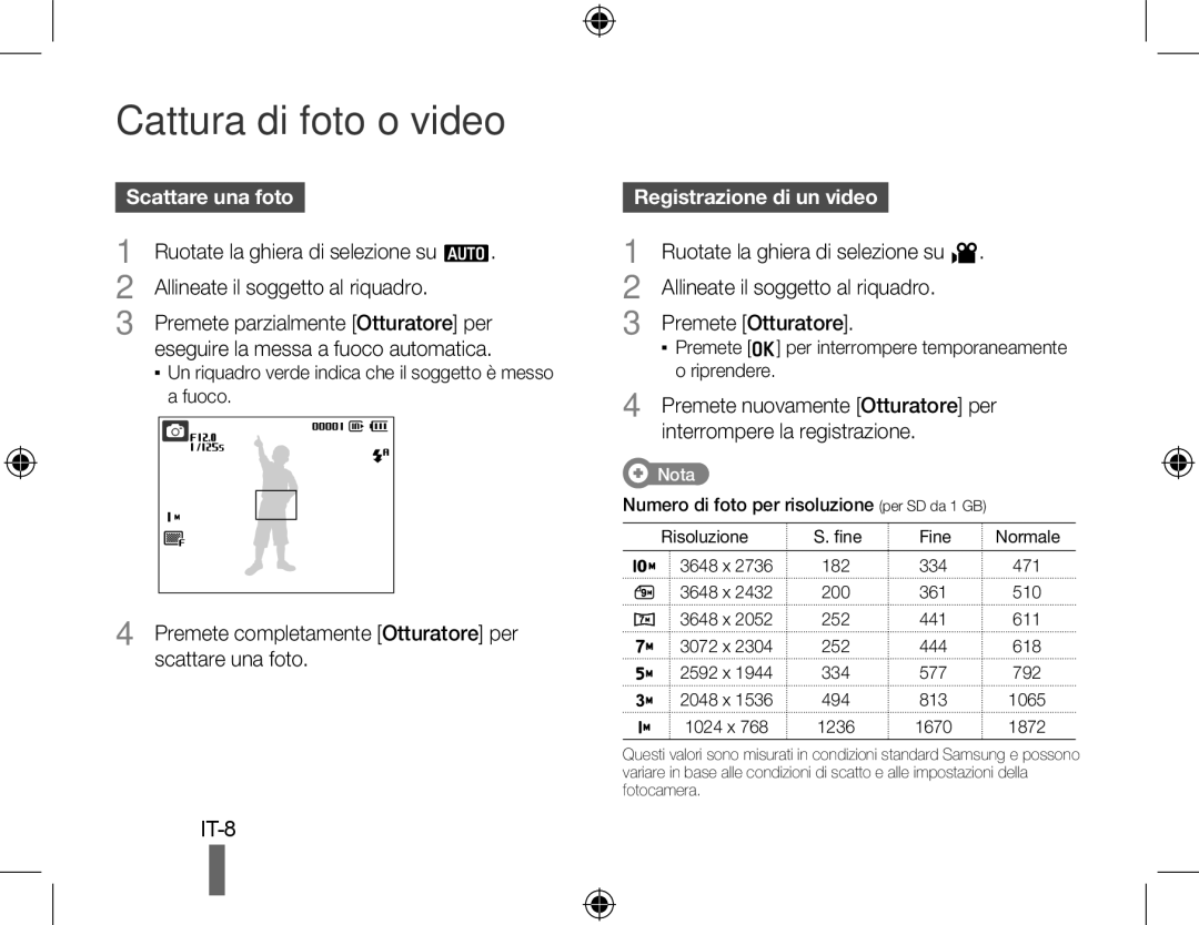 Samsung EC-PL51ZZBPNRU, EC-PL51ZZBPRE1 manual Cattura di foto o video, Scattare una foto, Allineate il soggetto al riquadro 