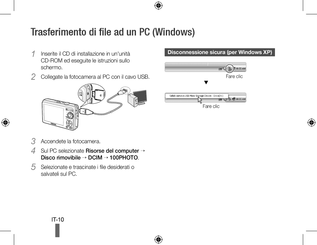 Samsung EC-PL51ZZBPRE1, EC-PL51ZZBPAE1 manual Trasferimento di file ad un PC Windows, Disconnessione sicura per Windows XP 