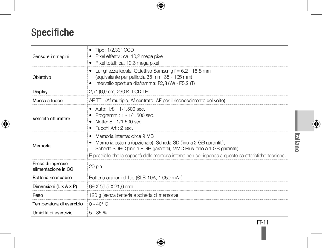 Samsung EC-PL51ZZBPAE1, EC-PL51ZZBPRE1, EC-PL51ZZBPNE1, EC-PL51ZZBPAIT, EC-PL51ZZBPBE1, EC-PL51ZZBPRIT manual Specifiche 