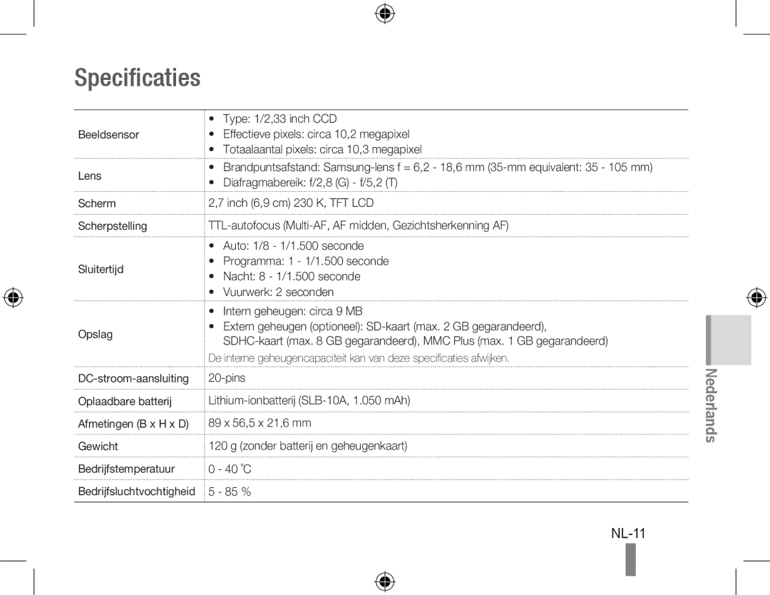 Samsung EC-PL51ZZBPBVN, EC-PL51ZZBPRE1, EC-PL51ZZBPAE1, EC-PL51ZZBPNE1, EC-PL51ZZBPAIT, EC-PL51ZZBPBE1 manual Specificaties 